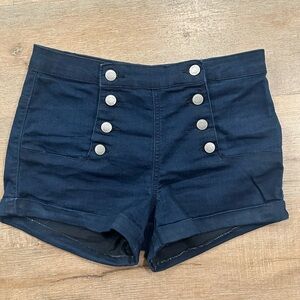Rue 21 Buttoned 3/4 Jean Shorts High Rise RARE Dark Wash Nordstroms Stretch Cute